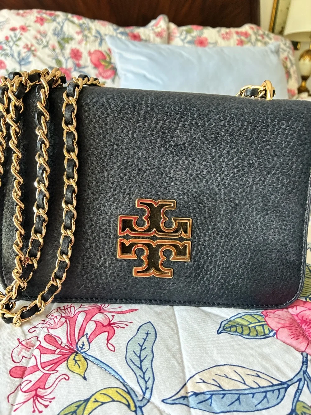 Tory Burch Black Pebbled Leather Crossbody with Gold-Tone Chain